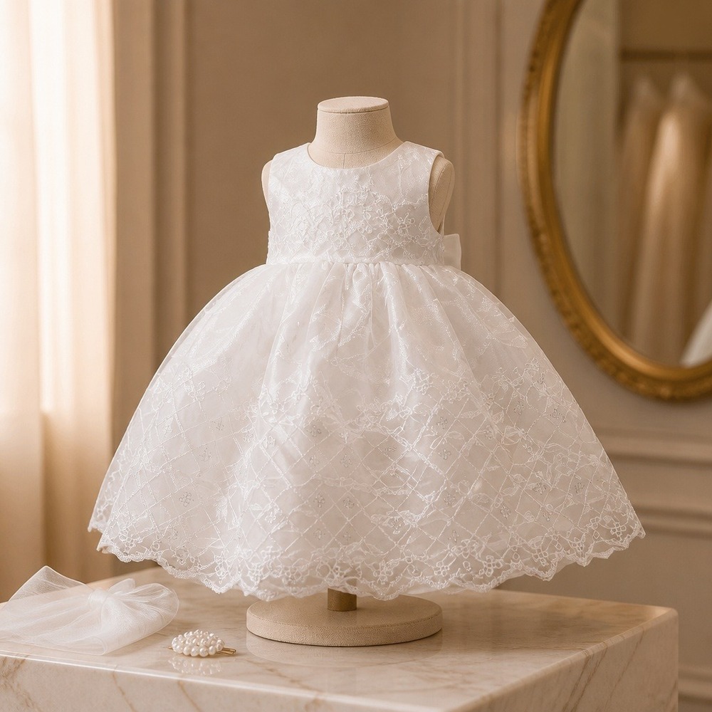 White Lace Embroidered Pinafore Overdress Open Back 6-12 Months Baptism Formal